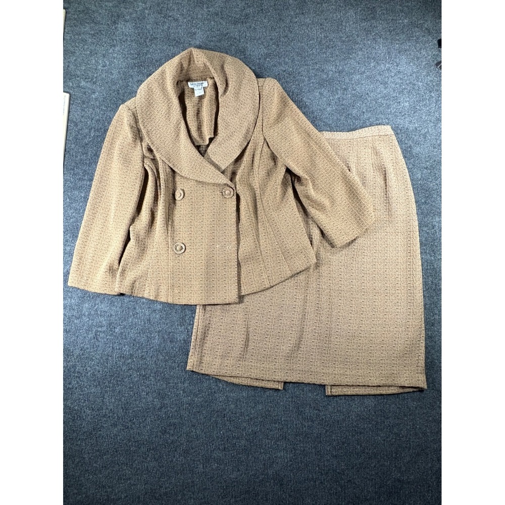 Miss Dorby Vintage 90s Tan Textured Skirt Suit Set Shawl Collar‎ Size 14